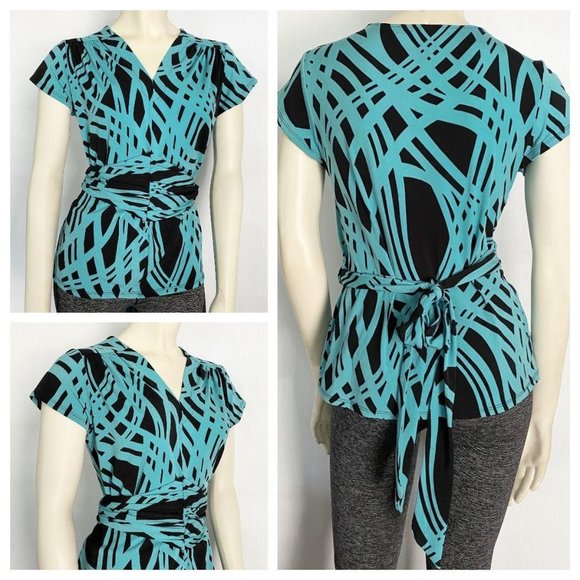 XS blouse‎ Vtg. MARc BOUWER KNIT TOP, POLYESTER SPANDEX, V NECK, CUMBERBUND TIE - Picture 1 of 6